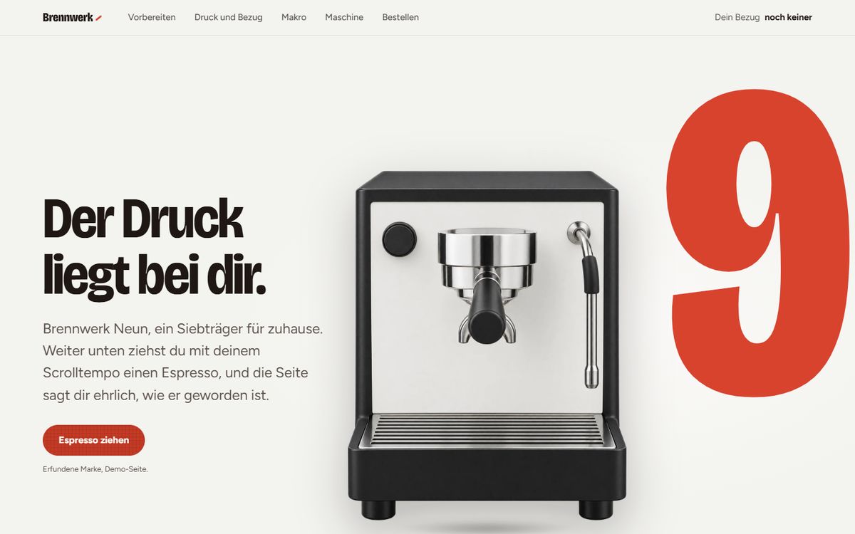 Beispielseite einer Siebträgermaschine mit großer roter Neun
