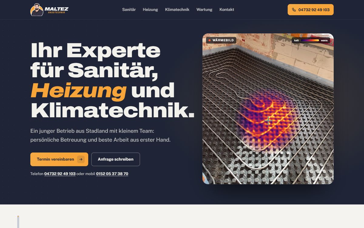 Webseite eines Heizungs- und Sanitärbetriebs mit Wärmebild einer Fußbodenheizung
