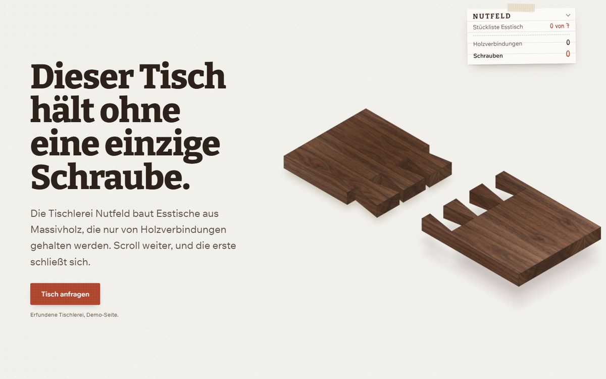 Beispielseite einer Tischlerei mit Holzverbindungen
