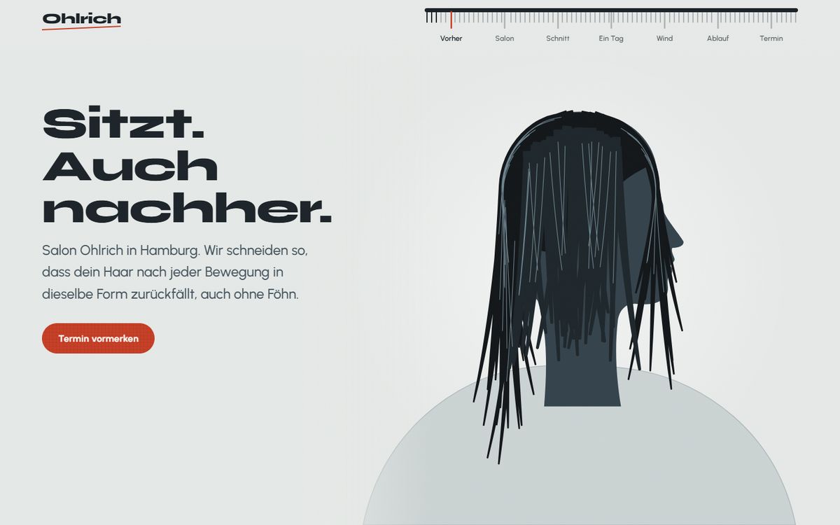 Beispielseite eines Friseursalons mit gezeichnetem Haarschnitt