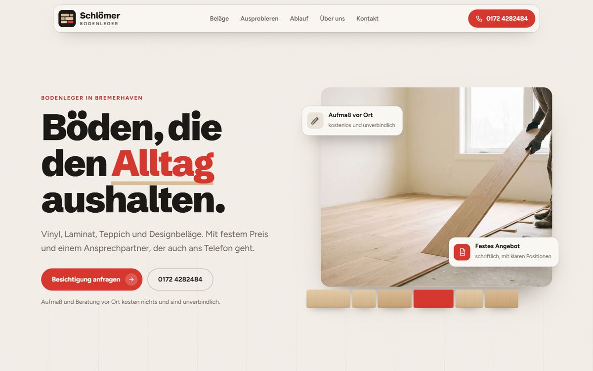 Webseite eines Bodenlegers mit Foto einer Dielenverlegung
