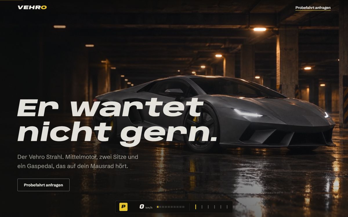 Beispielseite eines grauen Sportwagens in einer nächtlichen Tiefgarage