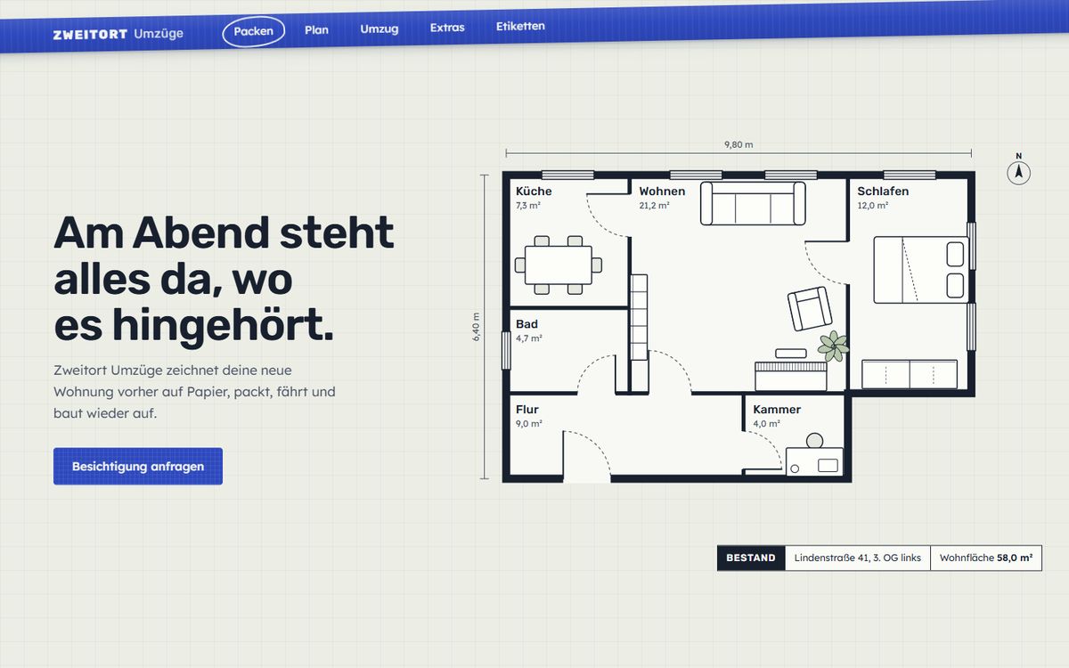 Beispielseite einer Umzugsfirma mit Grundriss einer Wohnung