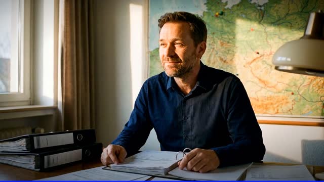 Szene aus dem Beispielfilm: Mann am Schreibtisch vor einer Landkarte