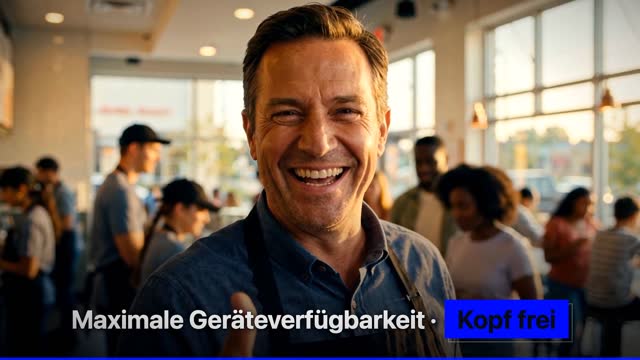 Szene aus dem Beispielfilm: zufriedener Restaurantleiter mit erhobenem Daumen